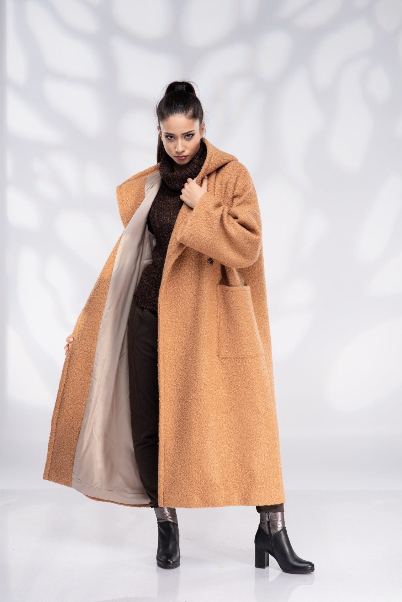 Wool Hooded Camel Plus Size Coat
