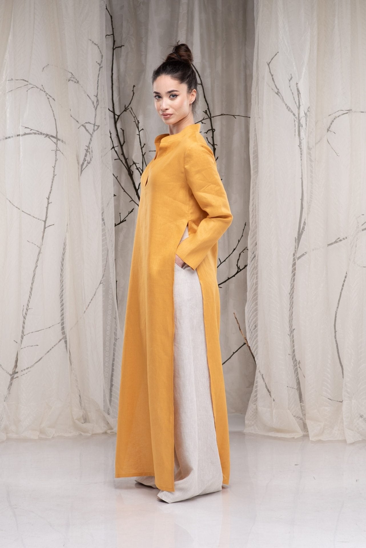 Maxi Linen Long Sleeve Shirt Dress with Side Slit