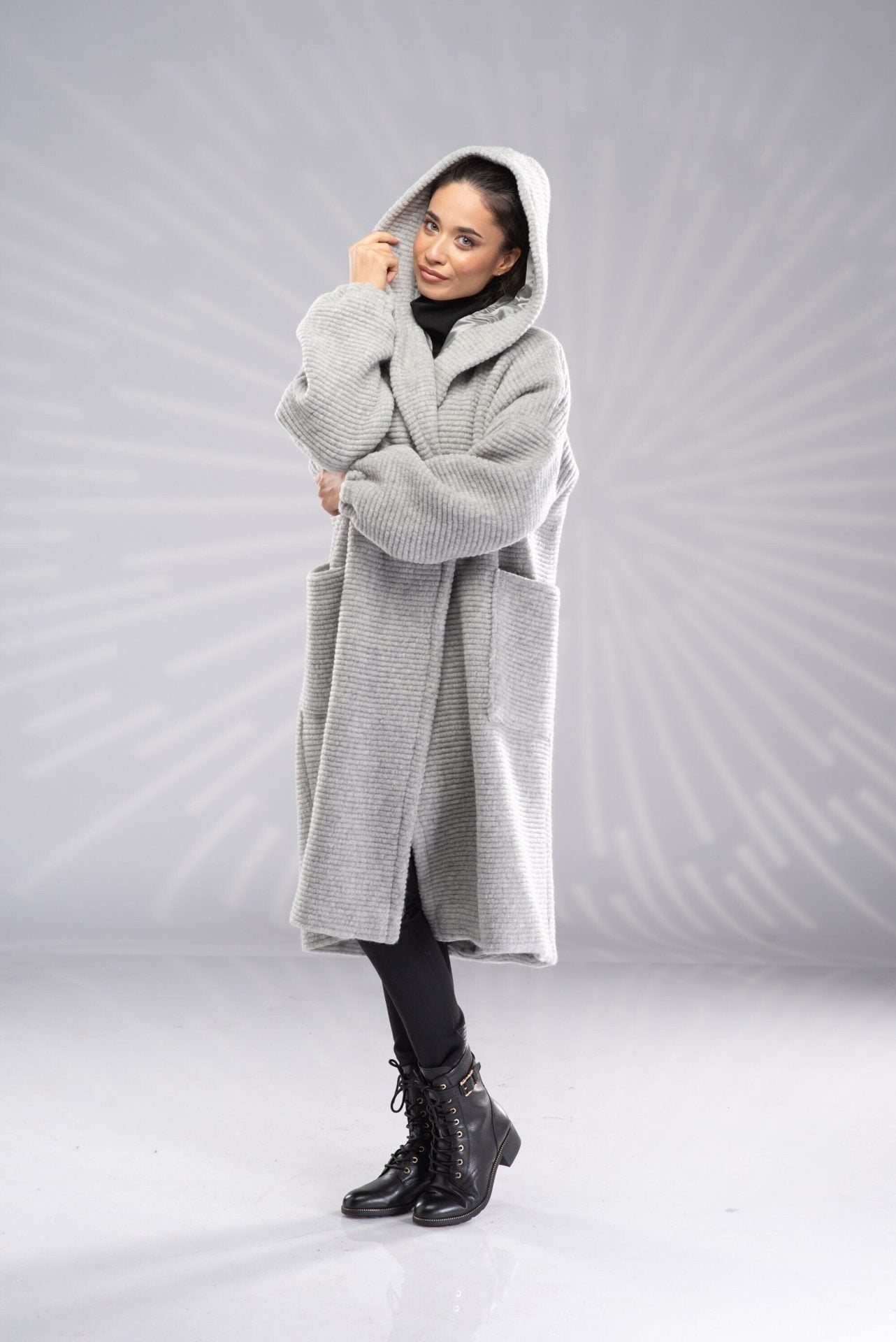 Wool Hooded Coat Long Winter Oversized with Lining