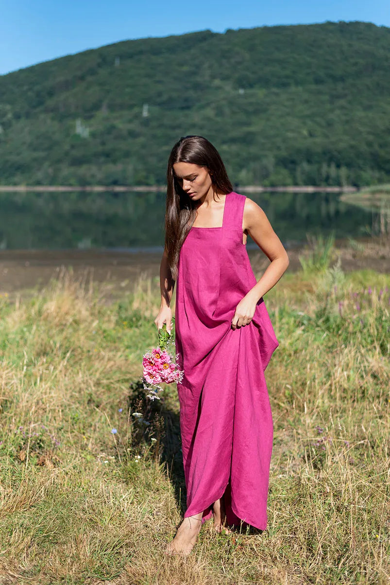 Maxi Linen Pinafore Dress with Square Neck and Cross Back