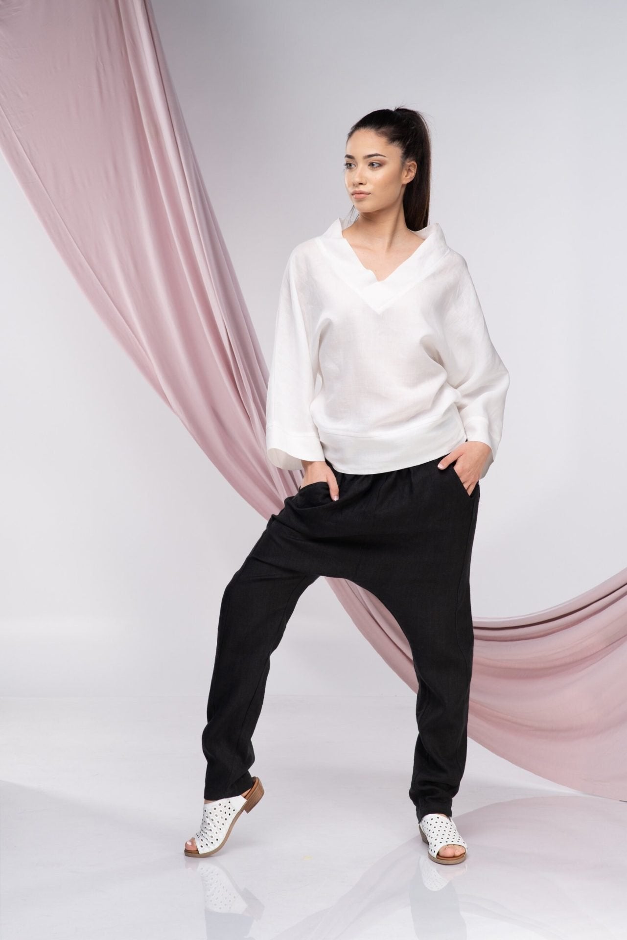 Linen V Neck Loose Kimono Top