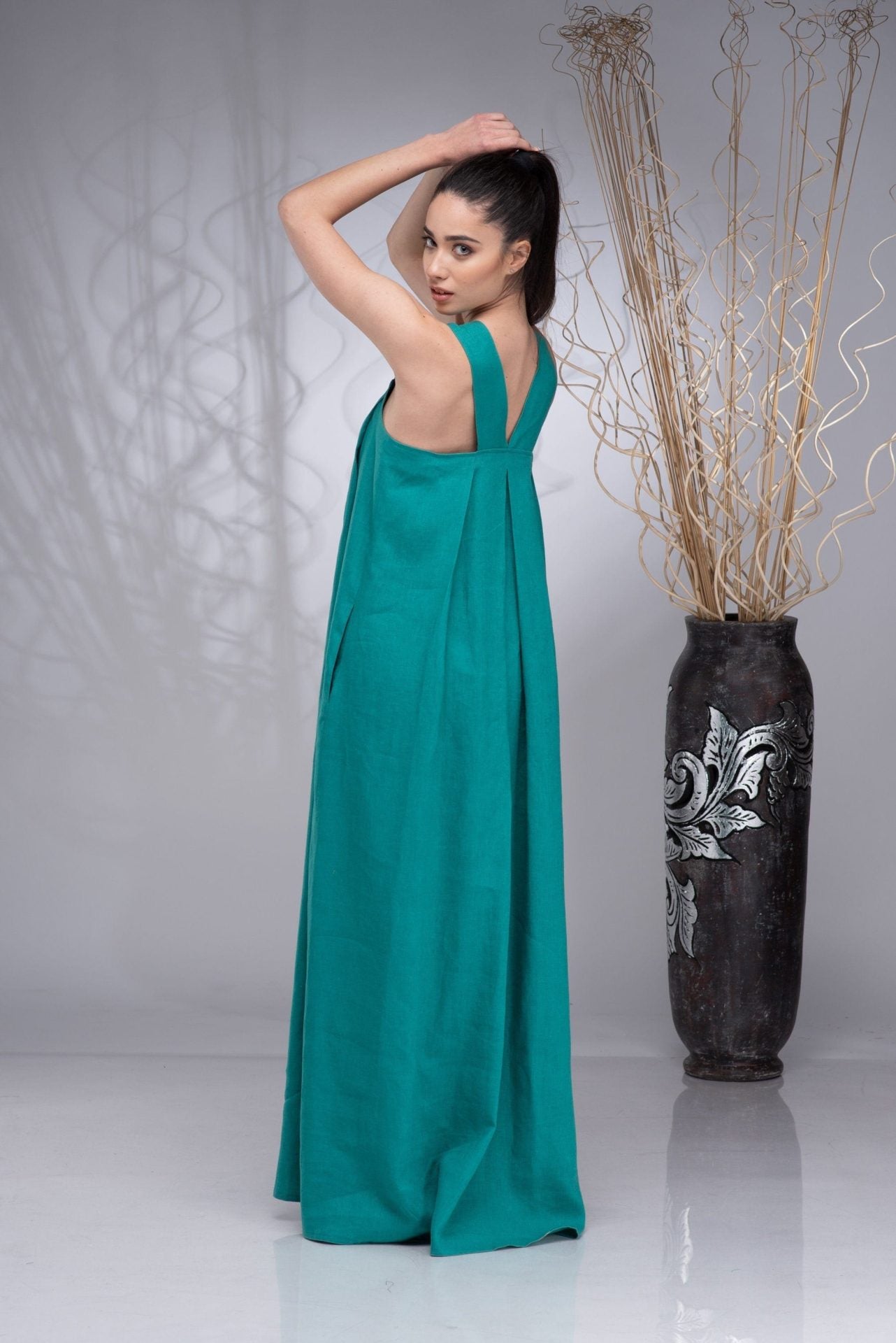 Long Linen Maxi Apron Boho Dress with Squared Neckline
