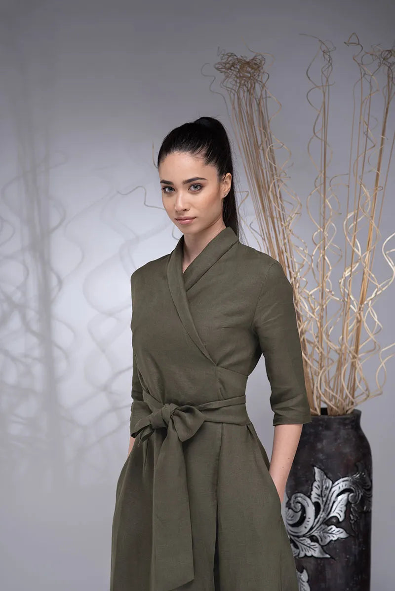 Long Wrap Linen Boho Dress with Shawl Collar and Linen Belt
