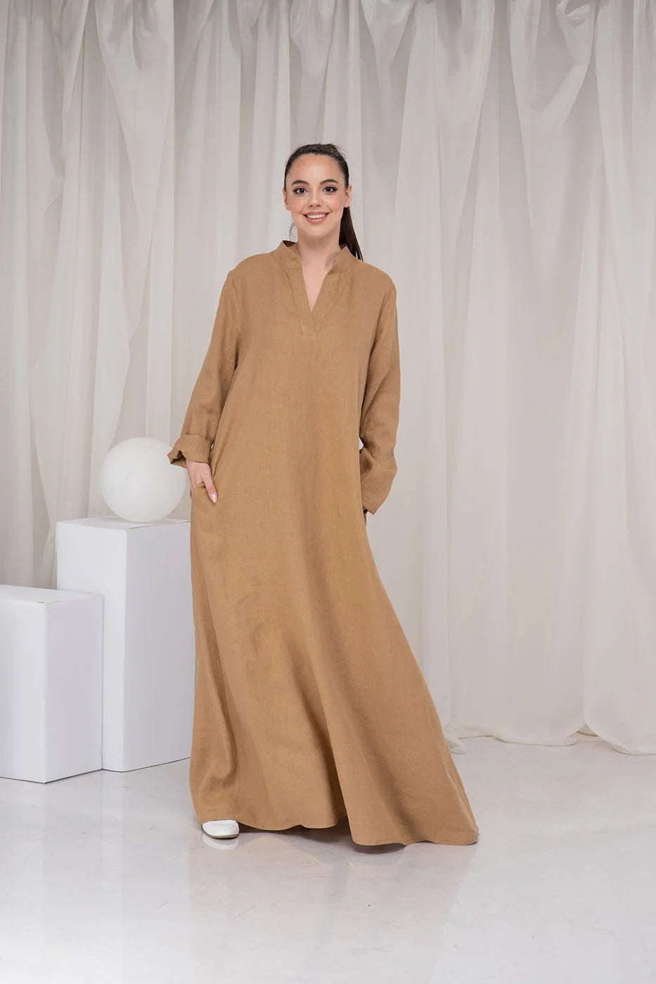 Plus Size Linen Dress - Beige Long Abaya Dress with Two Pockets