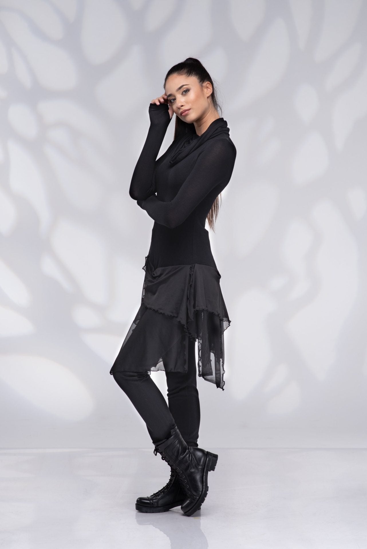 Long Black Draped Asymmetrical Turtleneck Tunic Top with Thumb Hole Sleeves