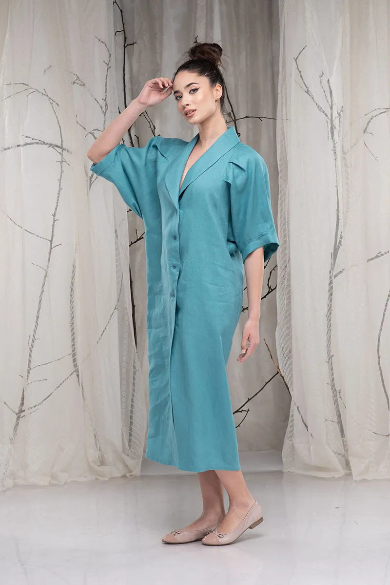 Linen Front Button Boho Dress with Shawl Collar