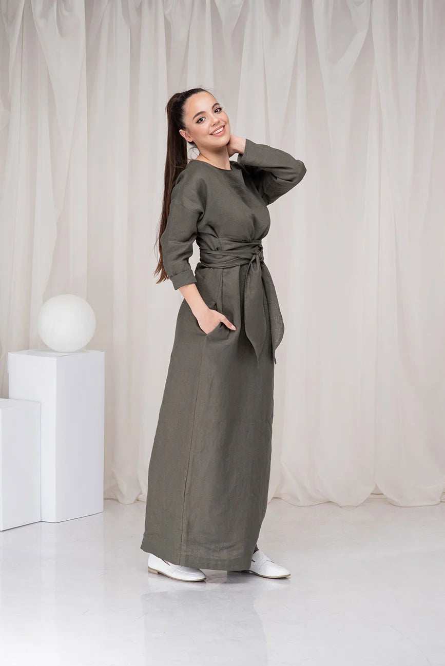 Long Linen Maxi Dress with Obi Belt