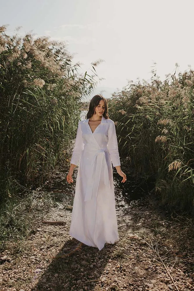 Classic White Linen Wrap Dress with V-Neck and Tie Waist