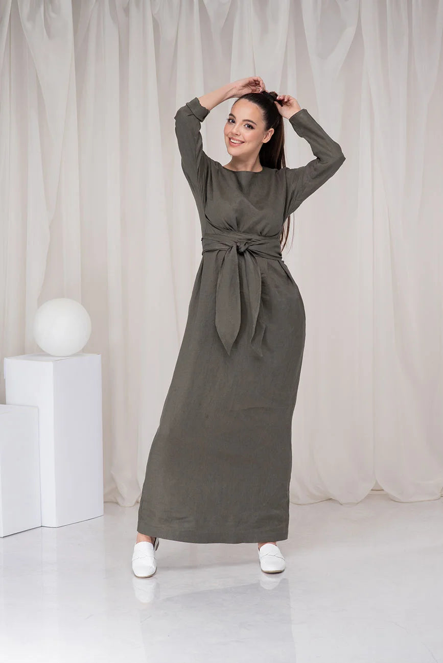 Long Linen Maxi Dress with Obi Belt