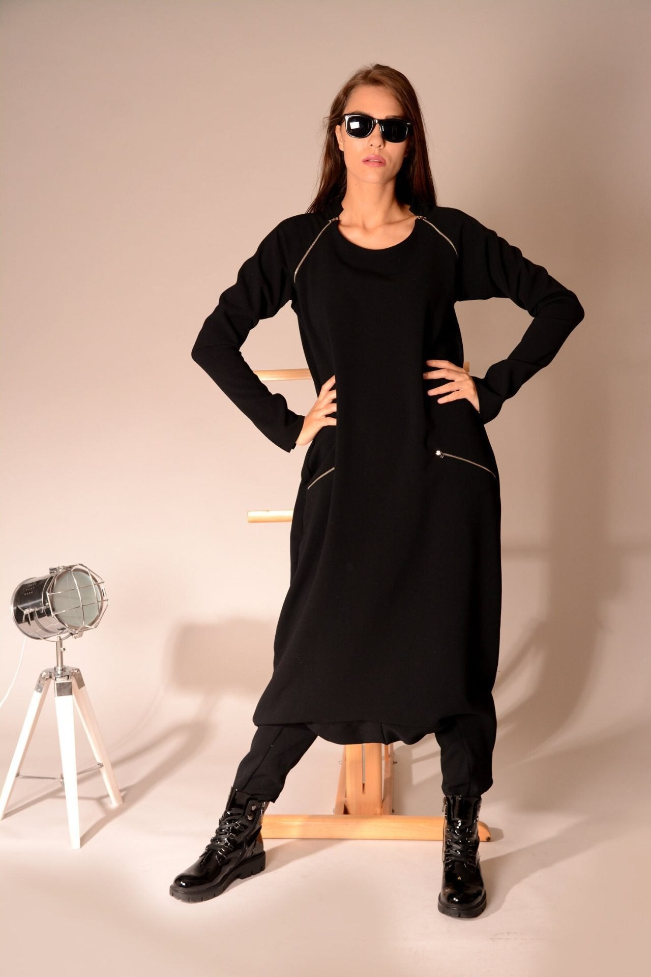 Black Boho Drop Crotch Plus Size Harem Overall