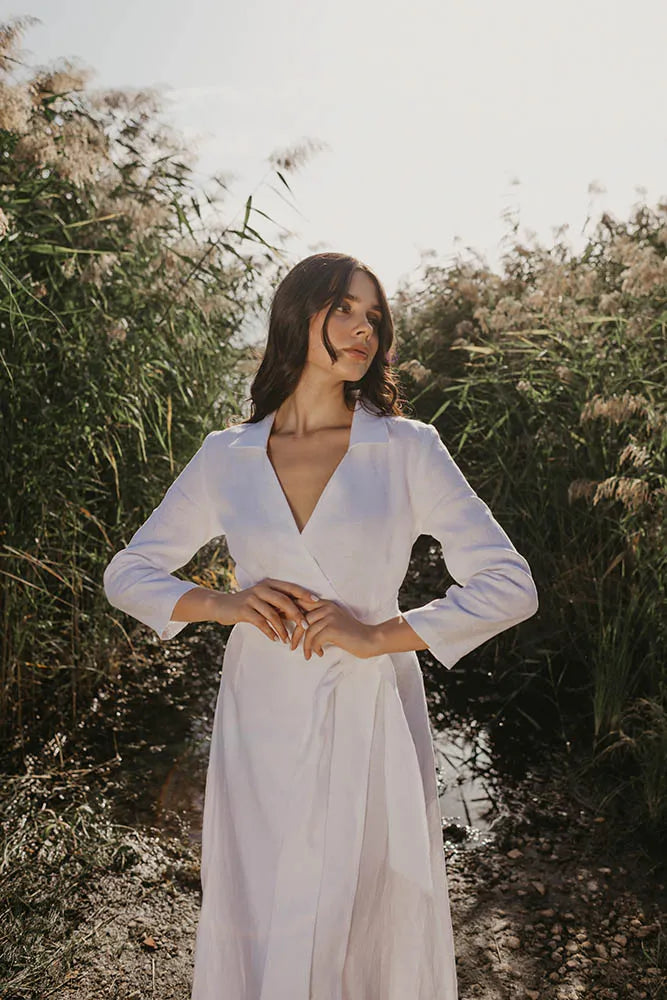 Classic White Linen Wrap Dress with V-Neck and Tie Waist