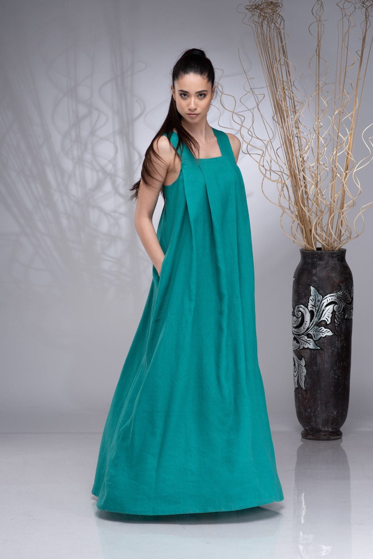 Long Linen Maxi Apron Boho Dress with Squared Neckline