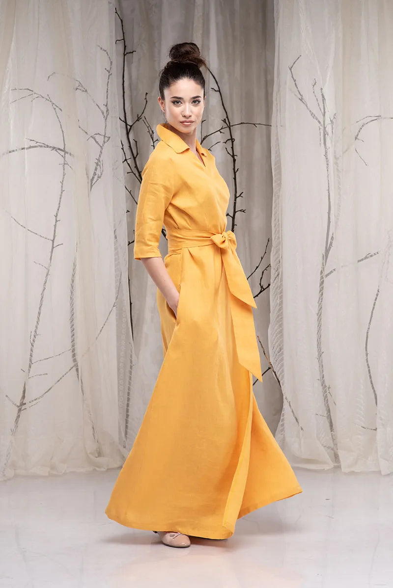 Yellow Linen Maxi Dress with Collar