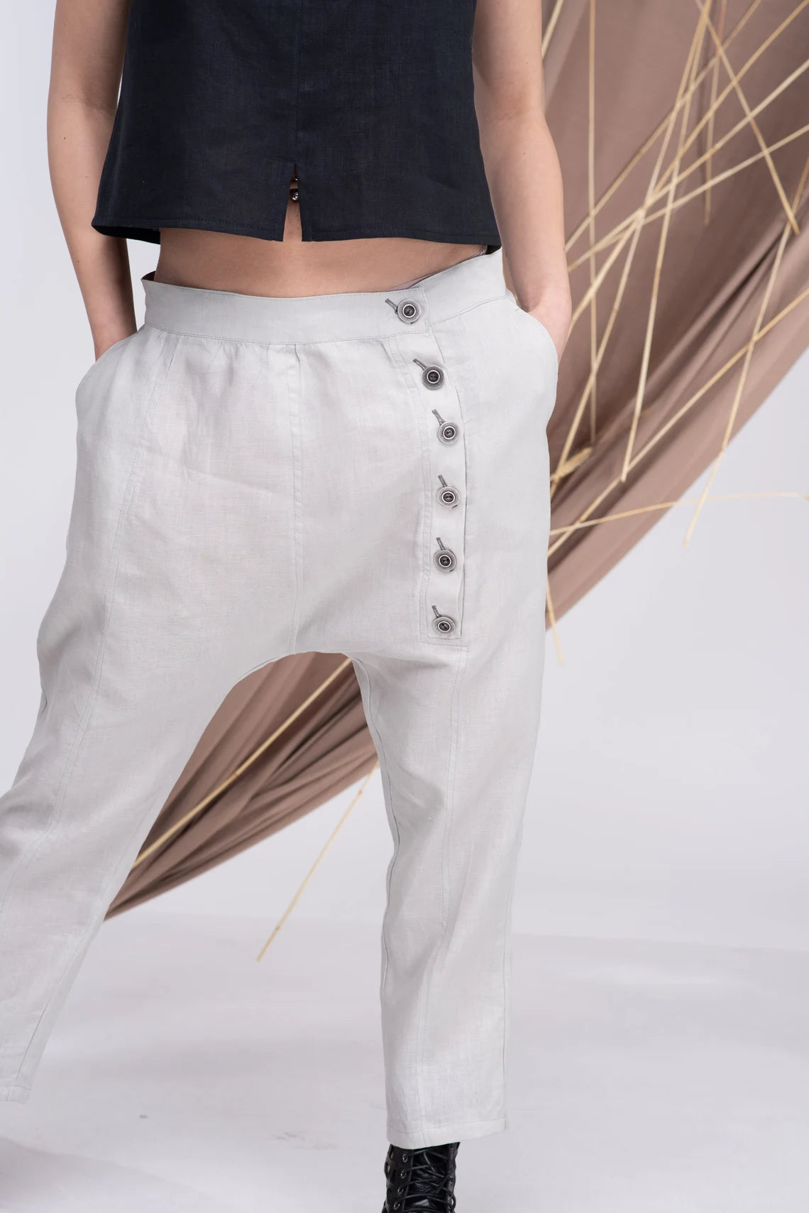 Linen Drop Crotch White Summer Casual Pants-Danellys-3.webp