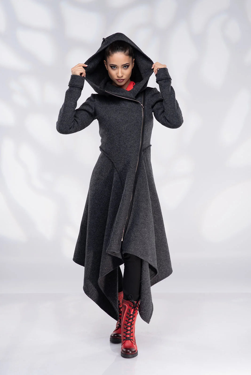 Long Wool Coat with Hood - Asymmetrical Zip Up Coat-Danellys-3.webp