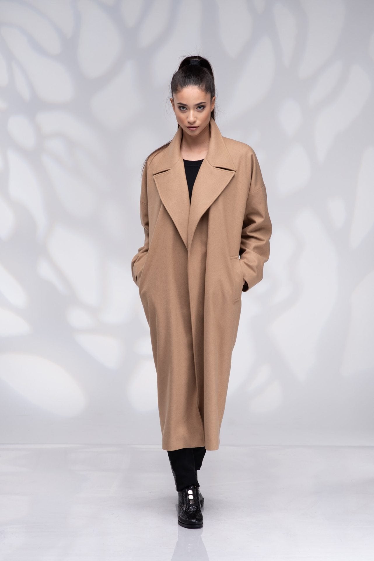 Long Wrap Camel Wool Coat Plus Size with Belt