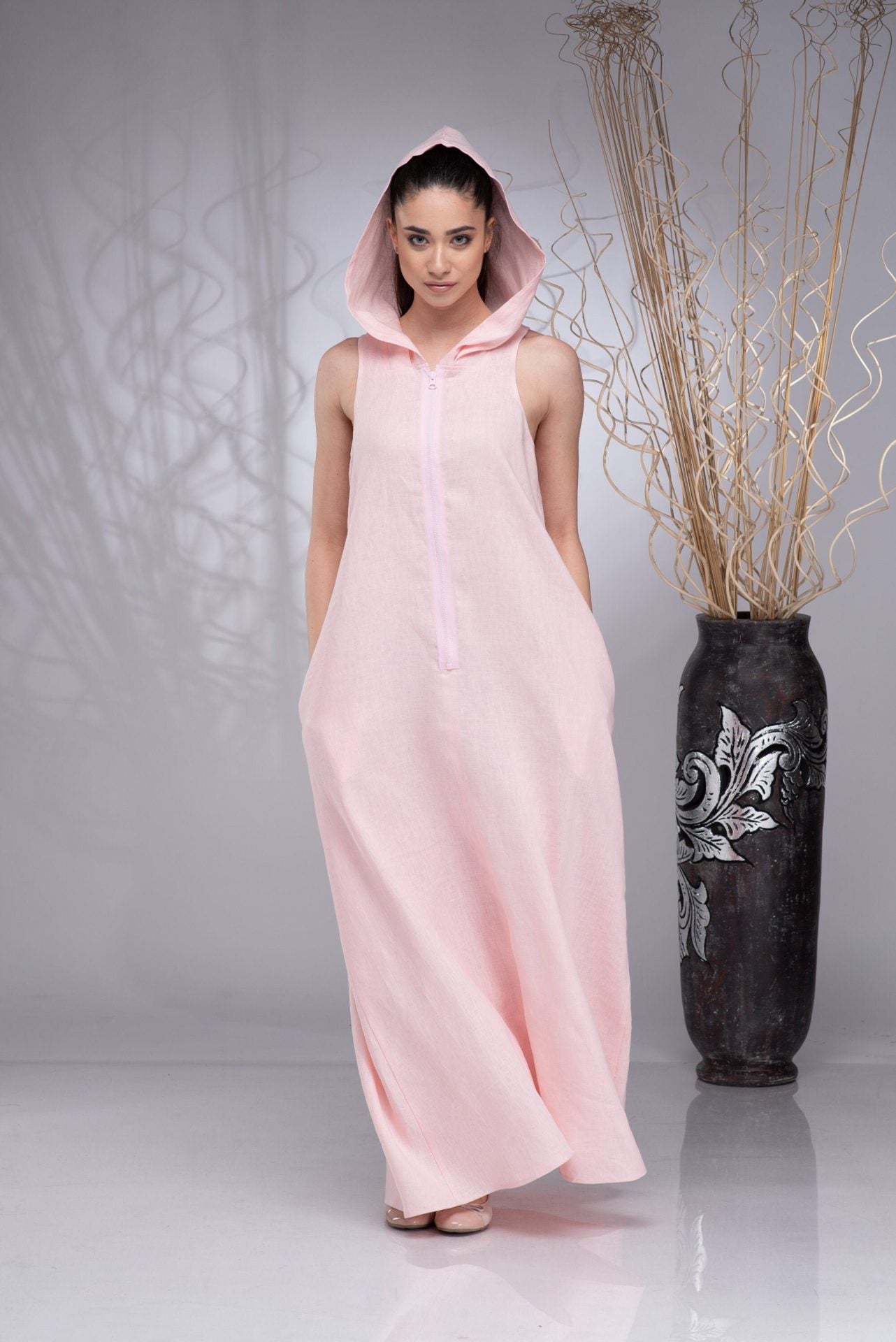 Linen Hooded Maxi Kaftan Plus Size Boho Dress