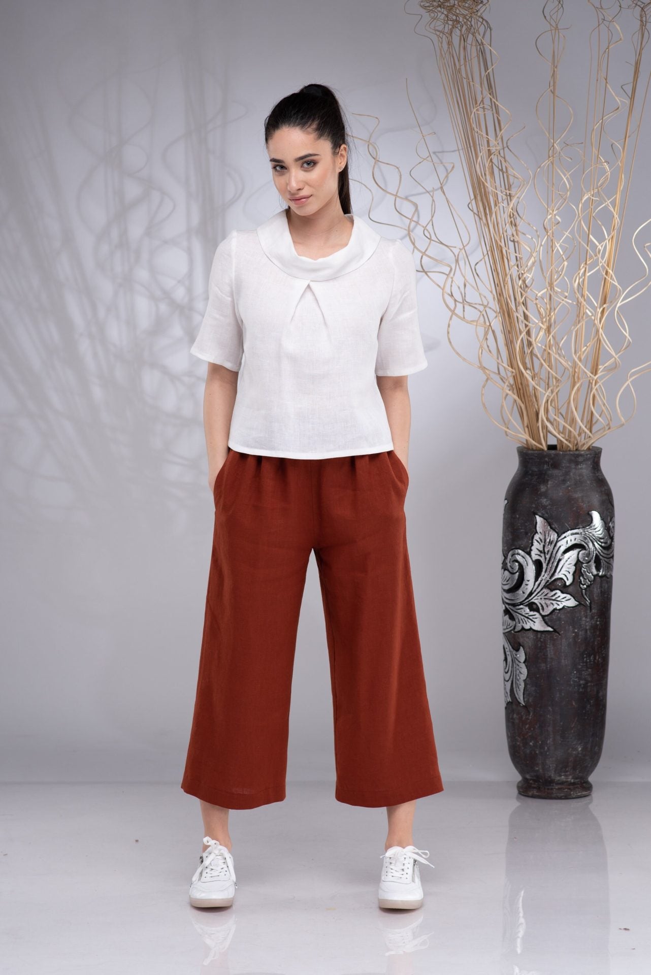 Linen Short Sleeve Summer White Blouse