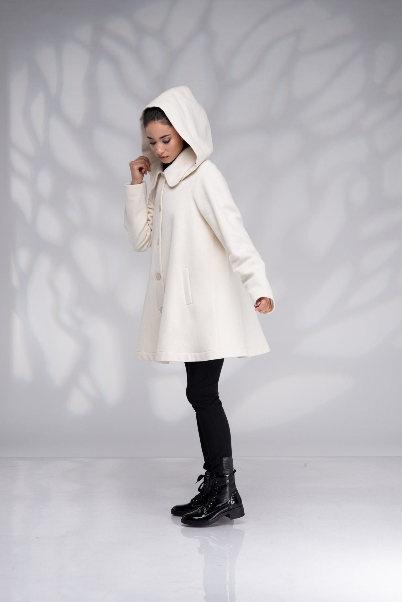 Wool Hooded White Short Swing Coat with Lining