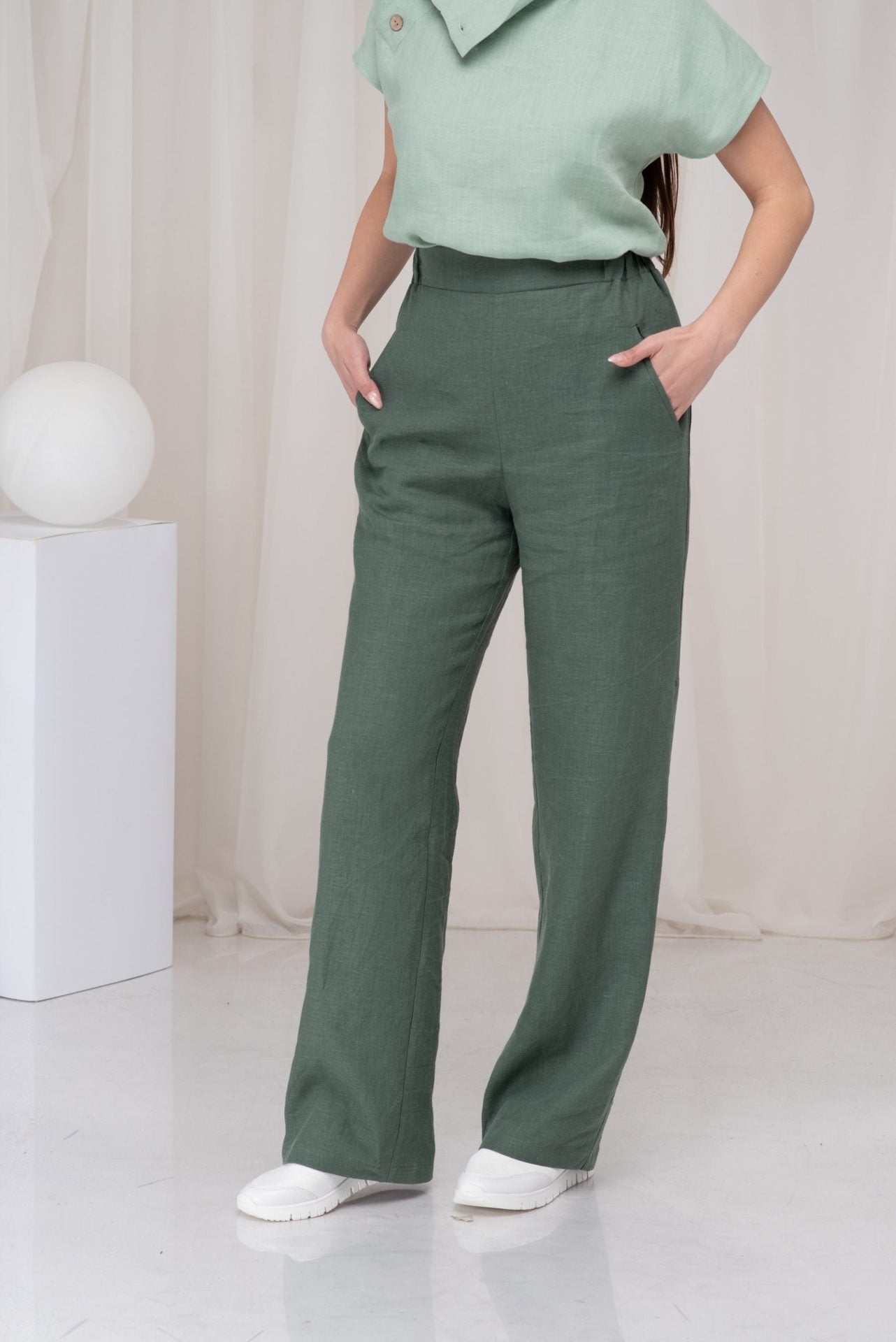 Green Linen Wide Leg Elastic Waist Palazzo Pants with Two Pockets