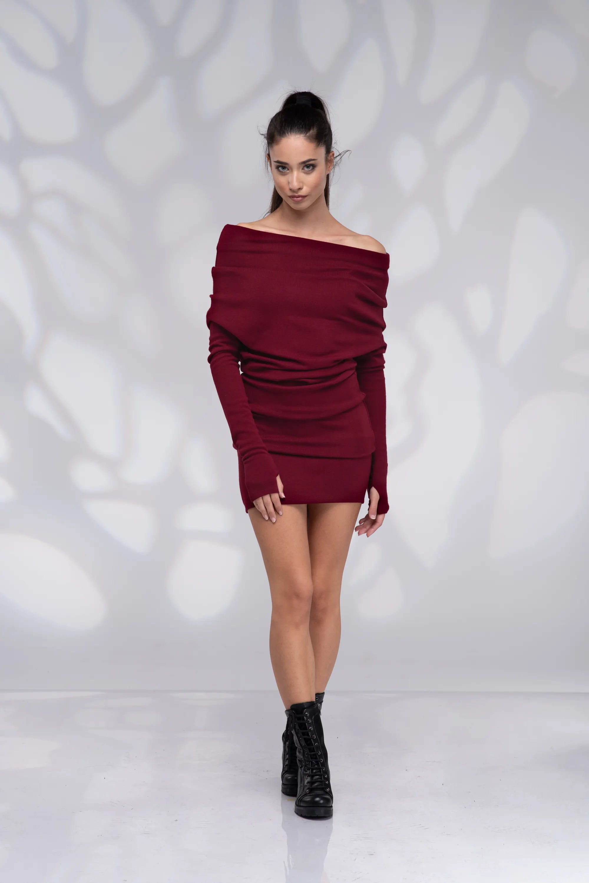 Mini Winter Off Shoulder Burgundy Sweater Dress-Danellys-10.webp