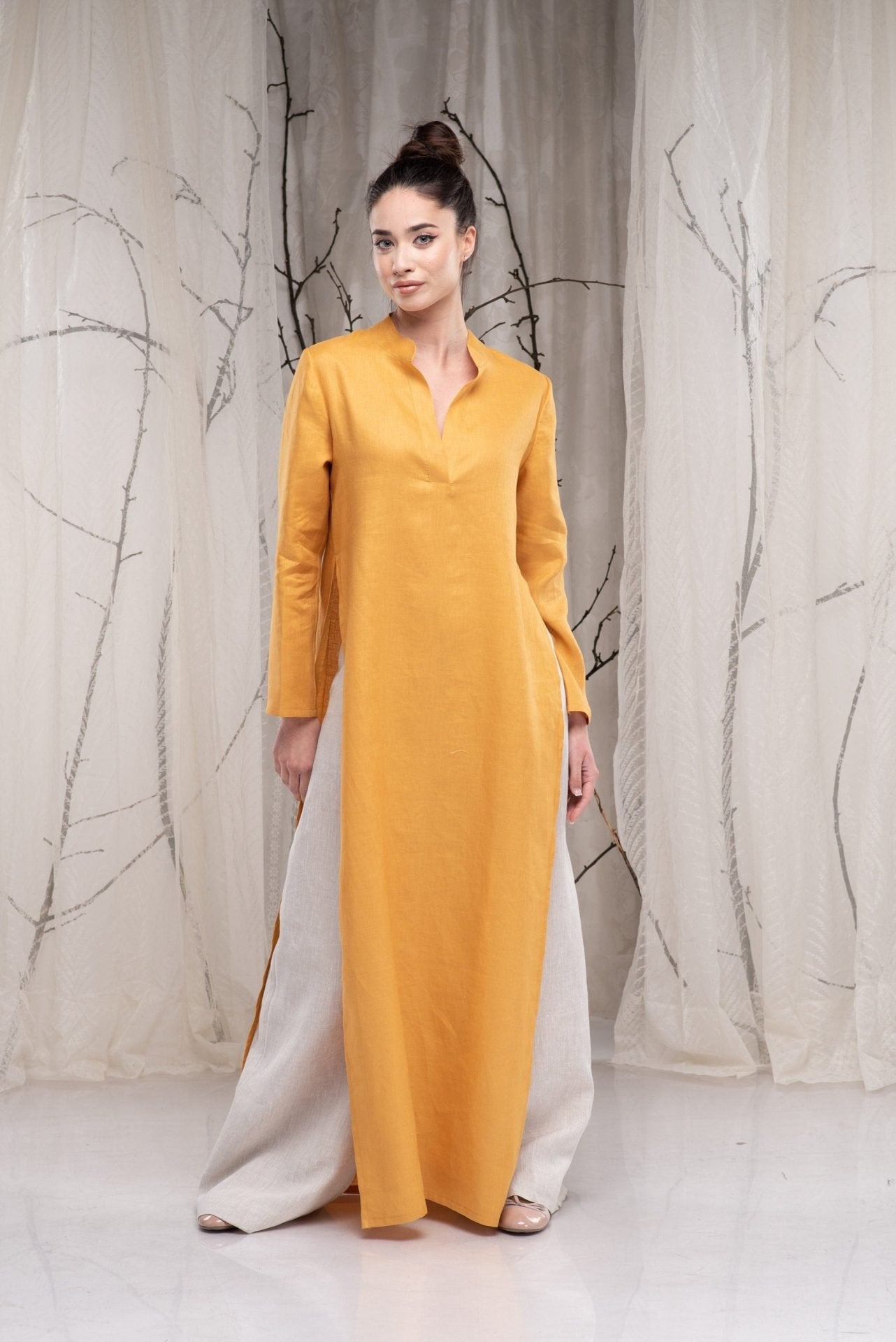 Maxi Linen Long Sleeve Shirt Dress with Side Slit