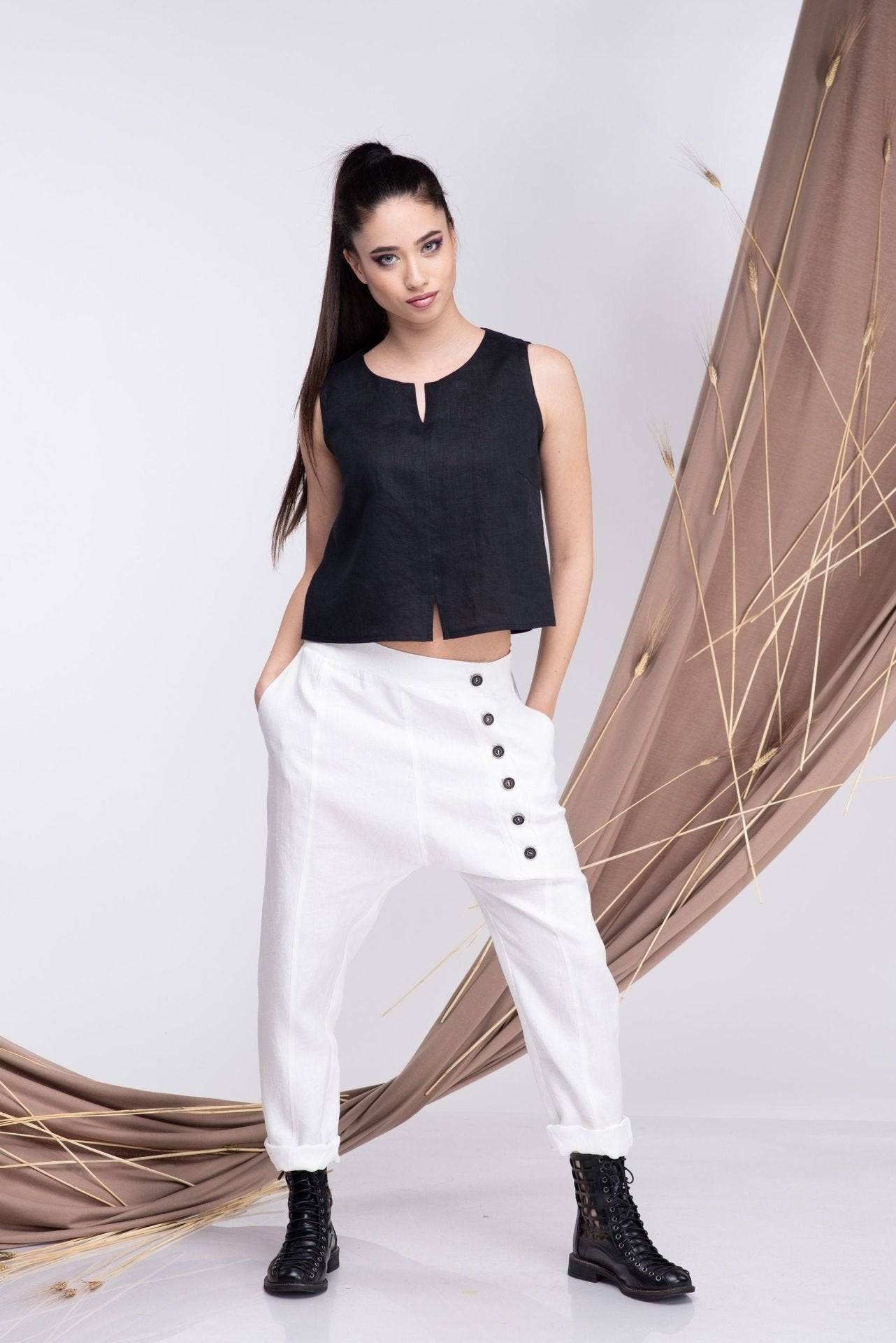 Linen Drop Crotch White Summer Casual Pants