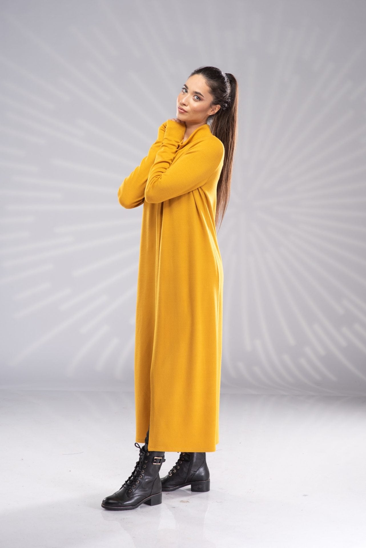 Knit Mustard Maxi Tunic Sweater Dress Side Slit with Turtleneck