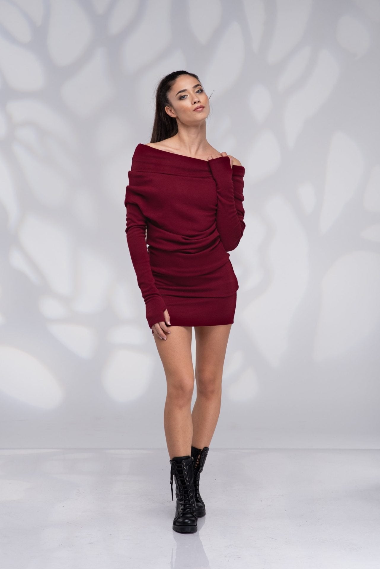 Off Shoulder Knit Mini Winter Sweater Dress