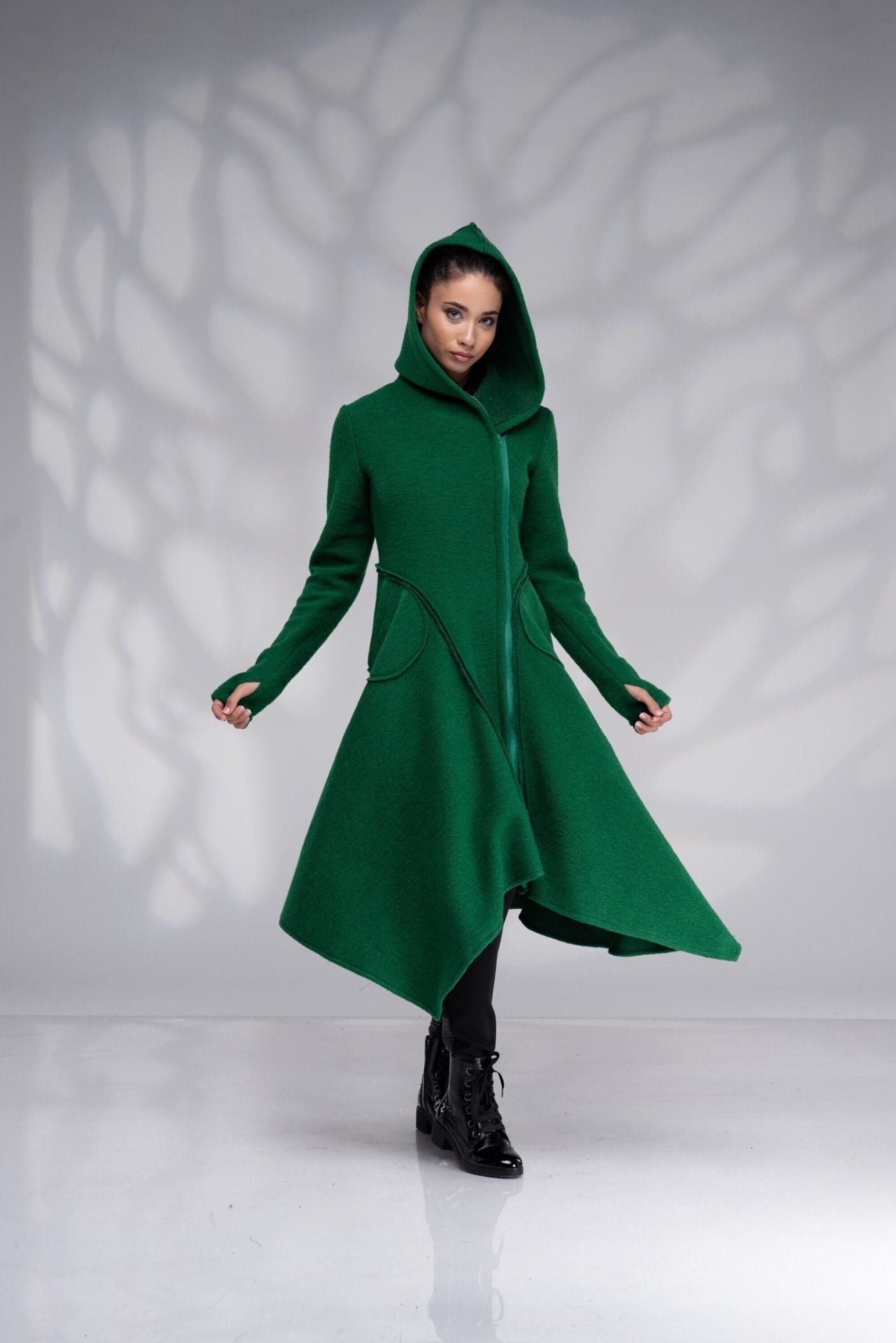 Green Boiled Wool Coat Hooded Winter Long with Zipper