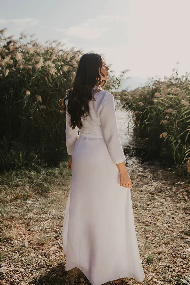 Classic White Linen Wrap Dress with V-Neck and Tie Waist