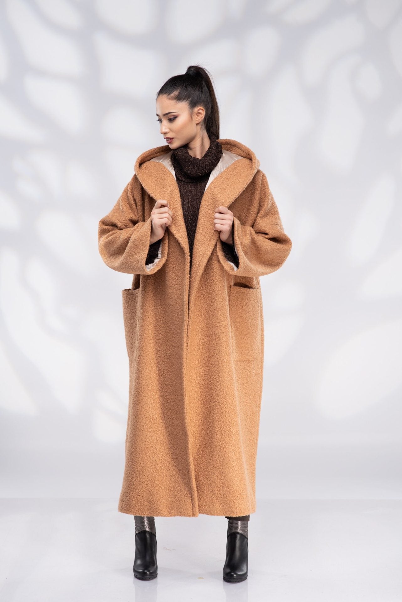 Wool Hooded Camel Plus Size Coat