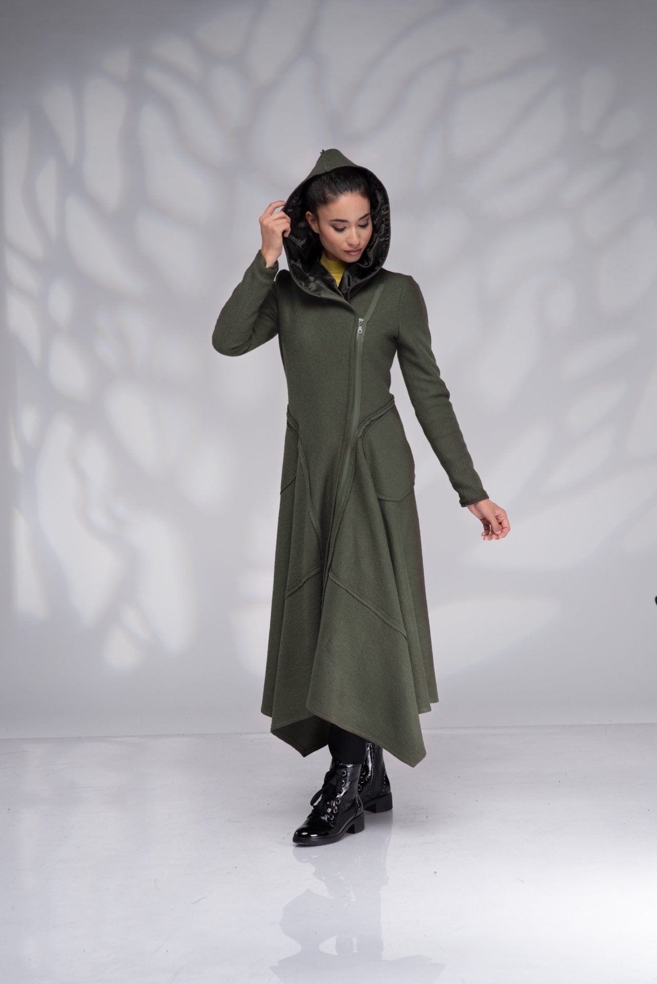 Hooded Boiled Wool Coat with Zip
