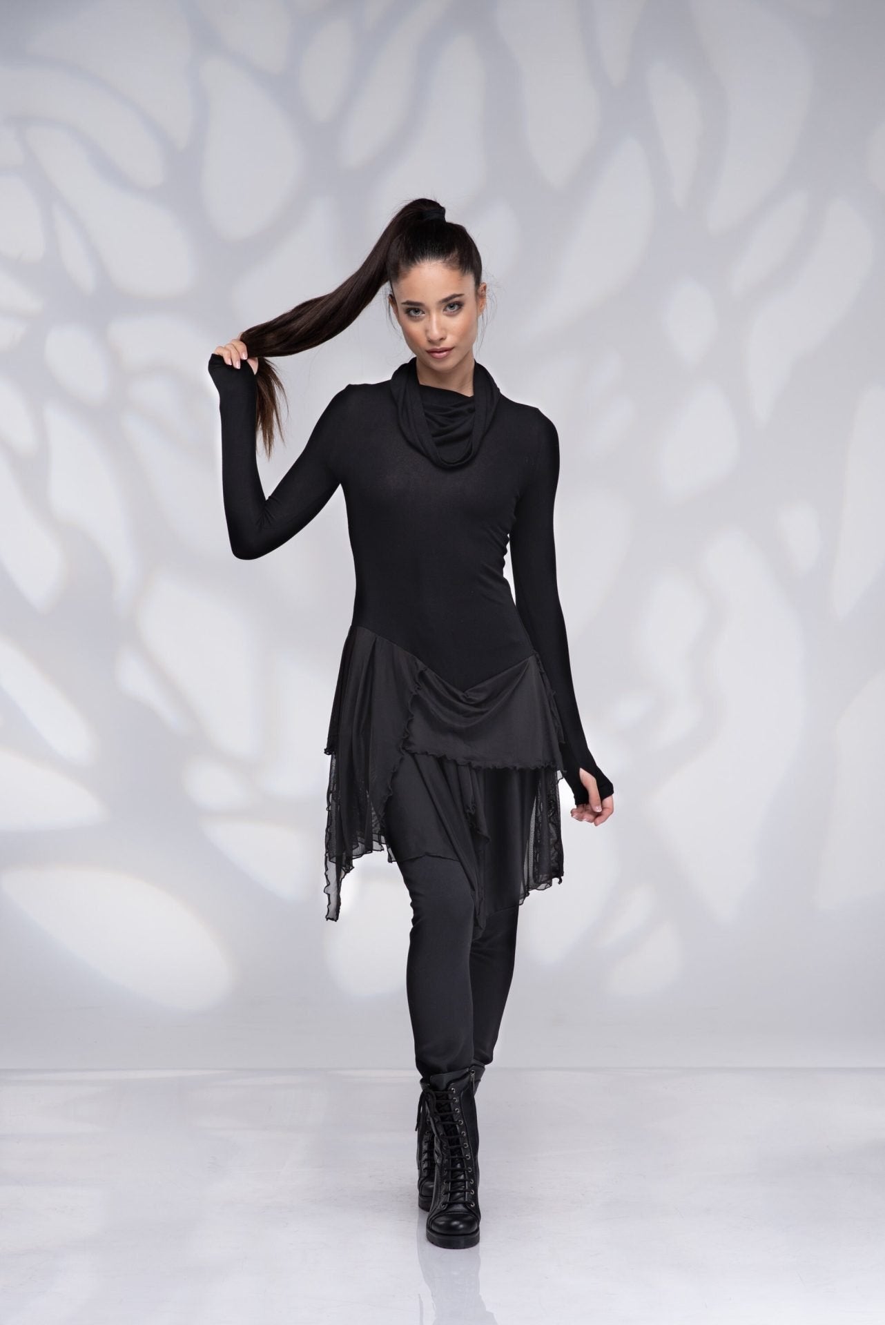 Long Black Draped Asymmetrical Turtleneck Tunic Top with Thumb Hole Sleeves