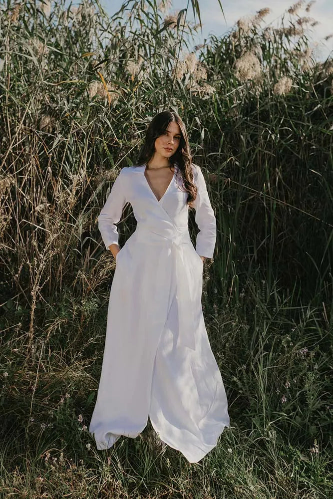 Classic White Linen Wrap Dress with V-Neck and Tie Waist