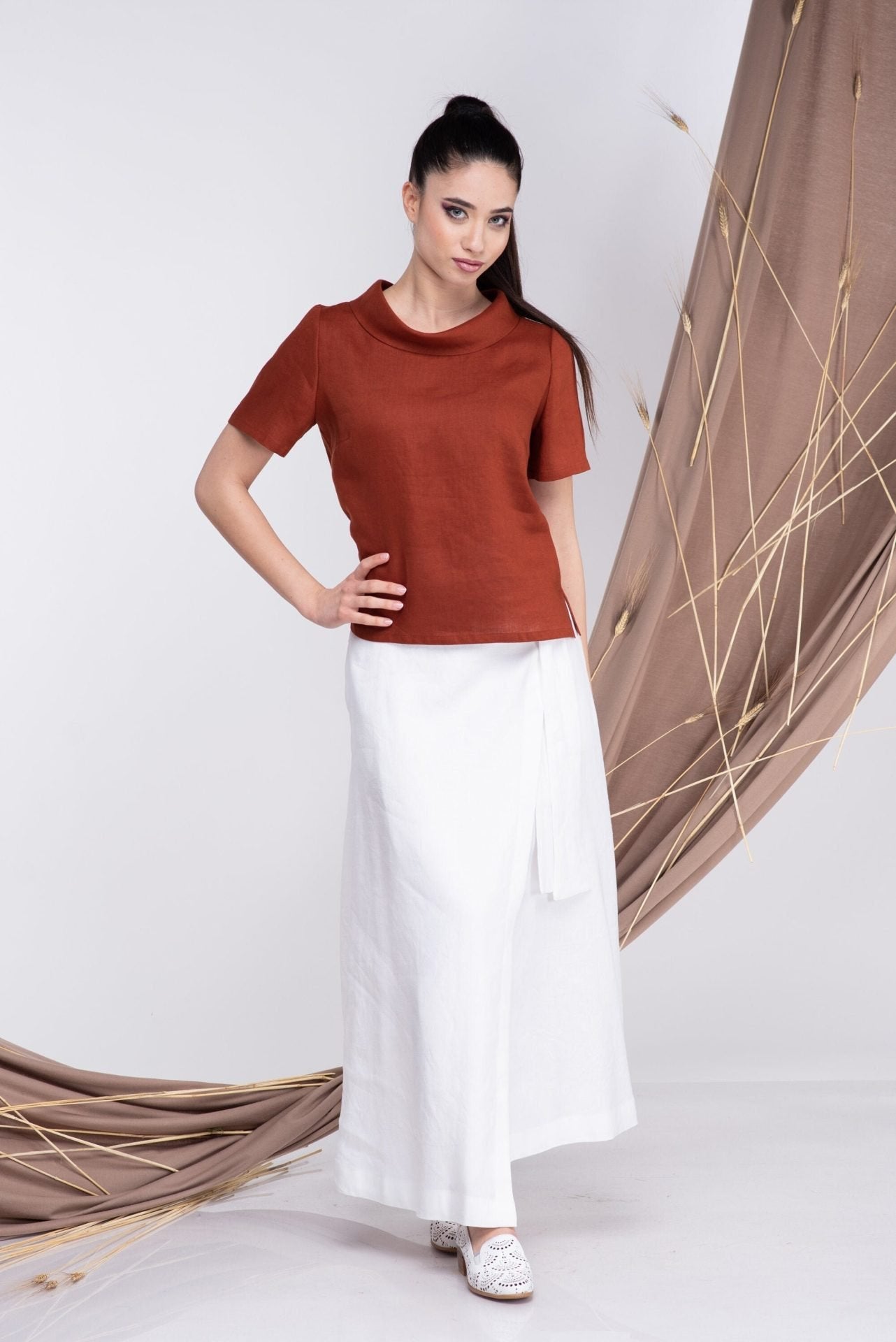 Linen Short Sleeves Burnt Orange Blouse