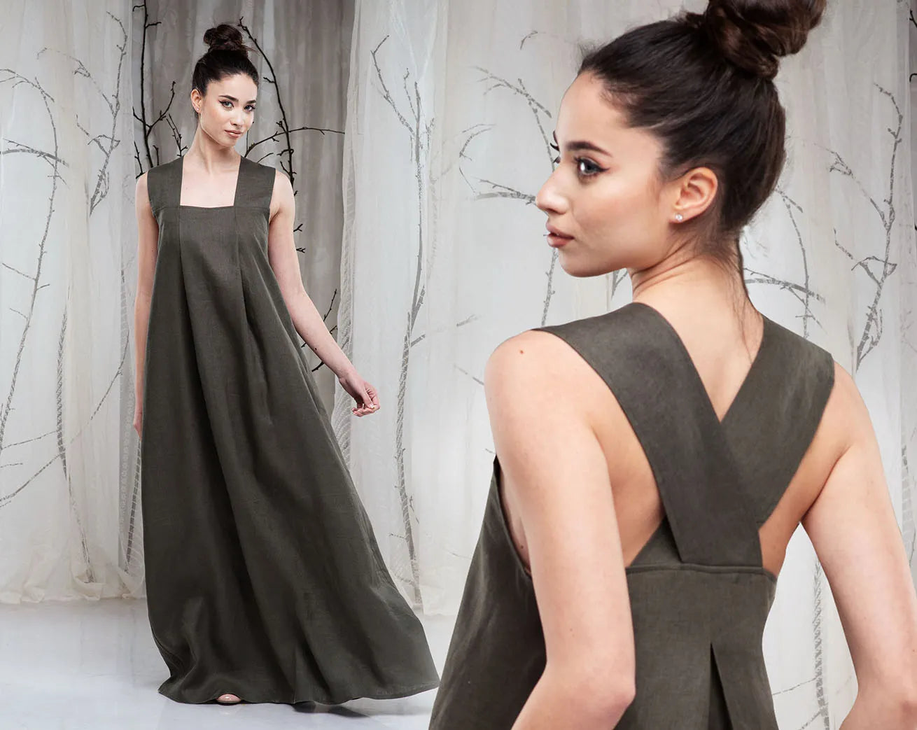 Maxi Linen Pinafore Dress with Square Neck and Cross Back