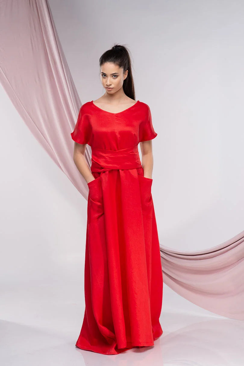 Red Linen Plus Size Cocktail Maxi Dress