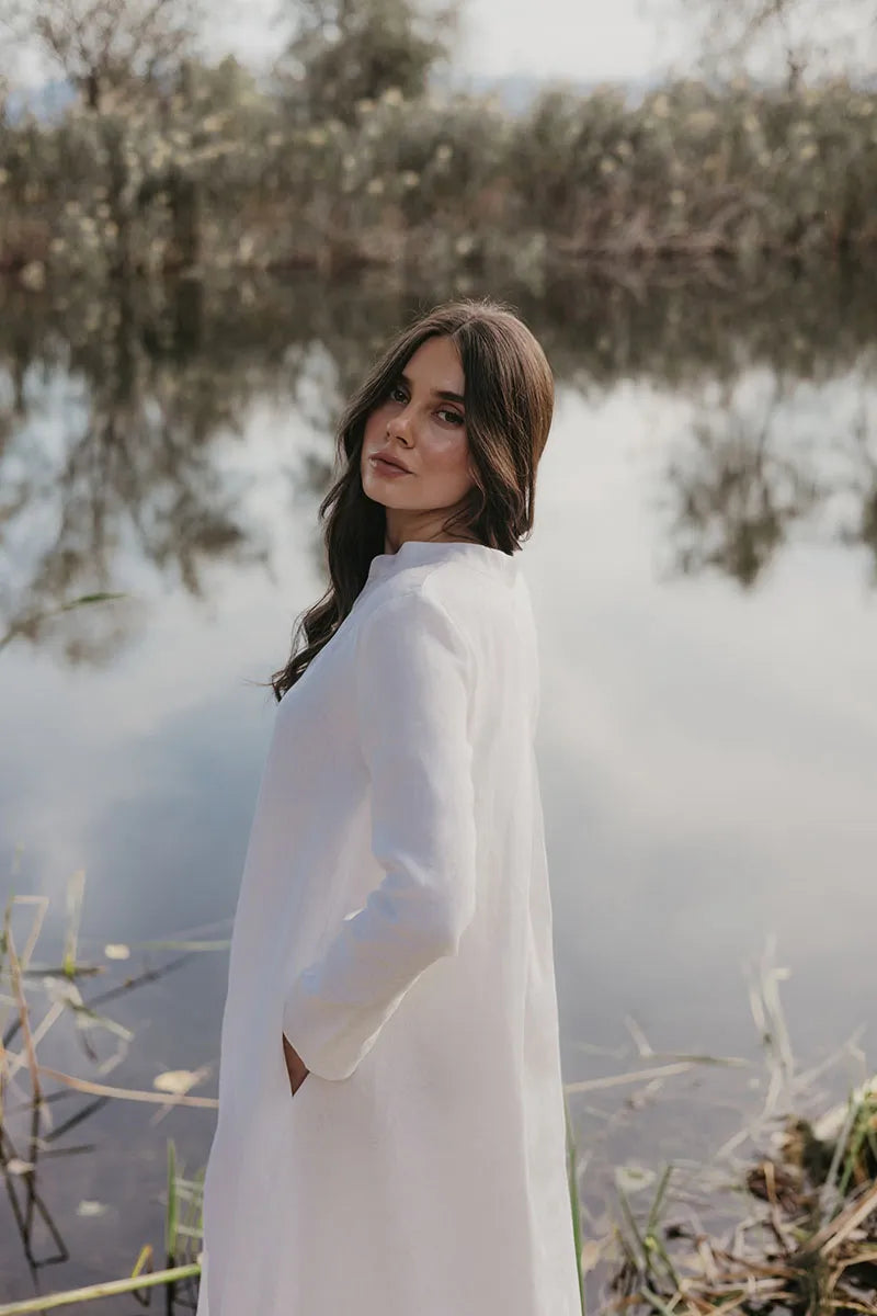 White Linen Kaftan Dress Women - Long Sleeve and V Neckline