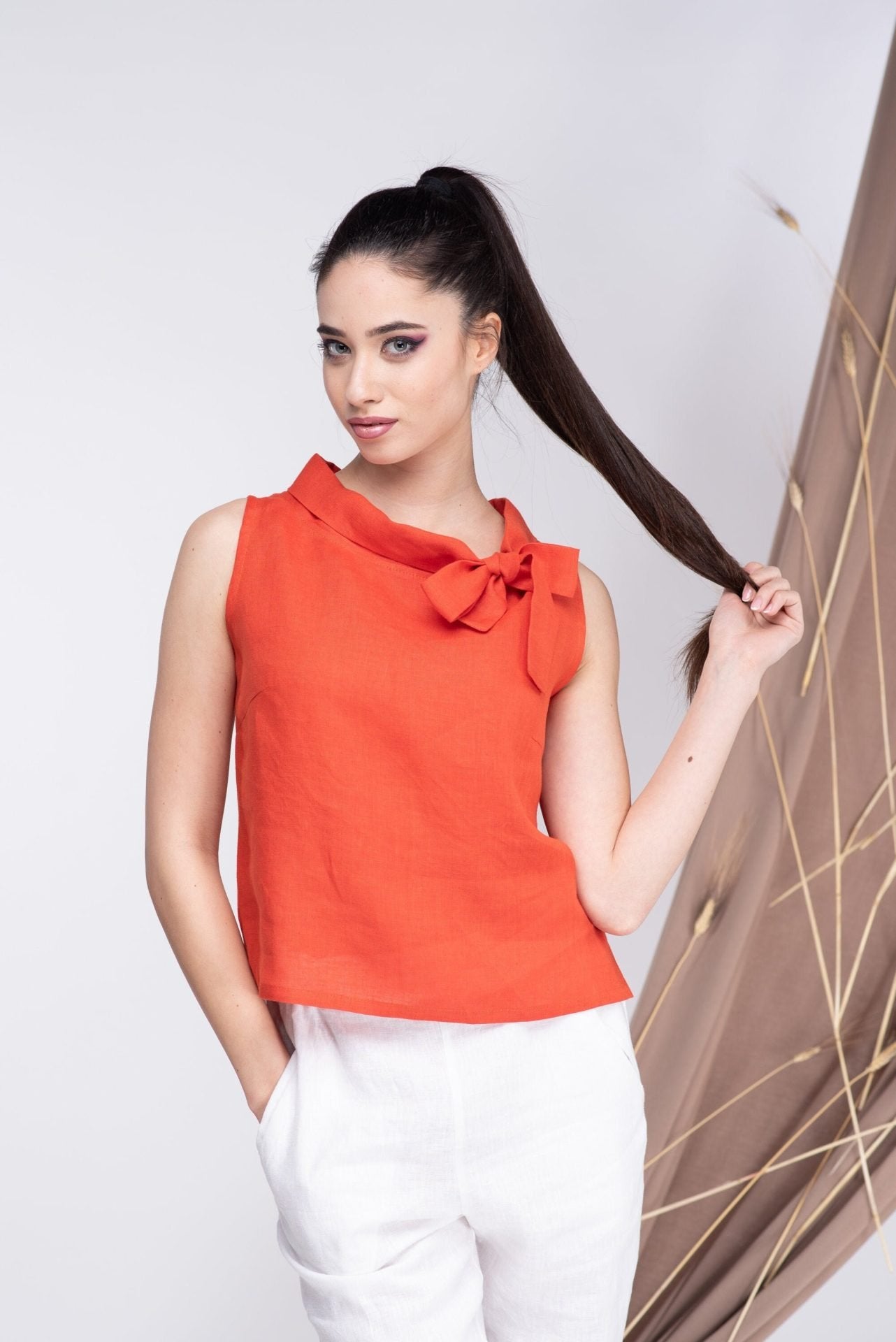 Linen Orange Sleeveless Summer Elegant Blouse