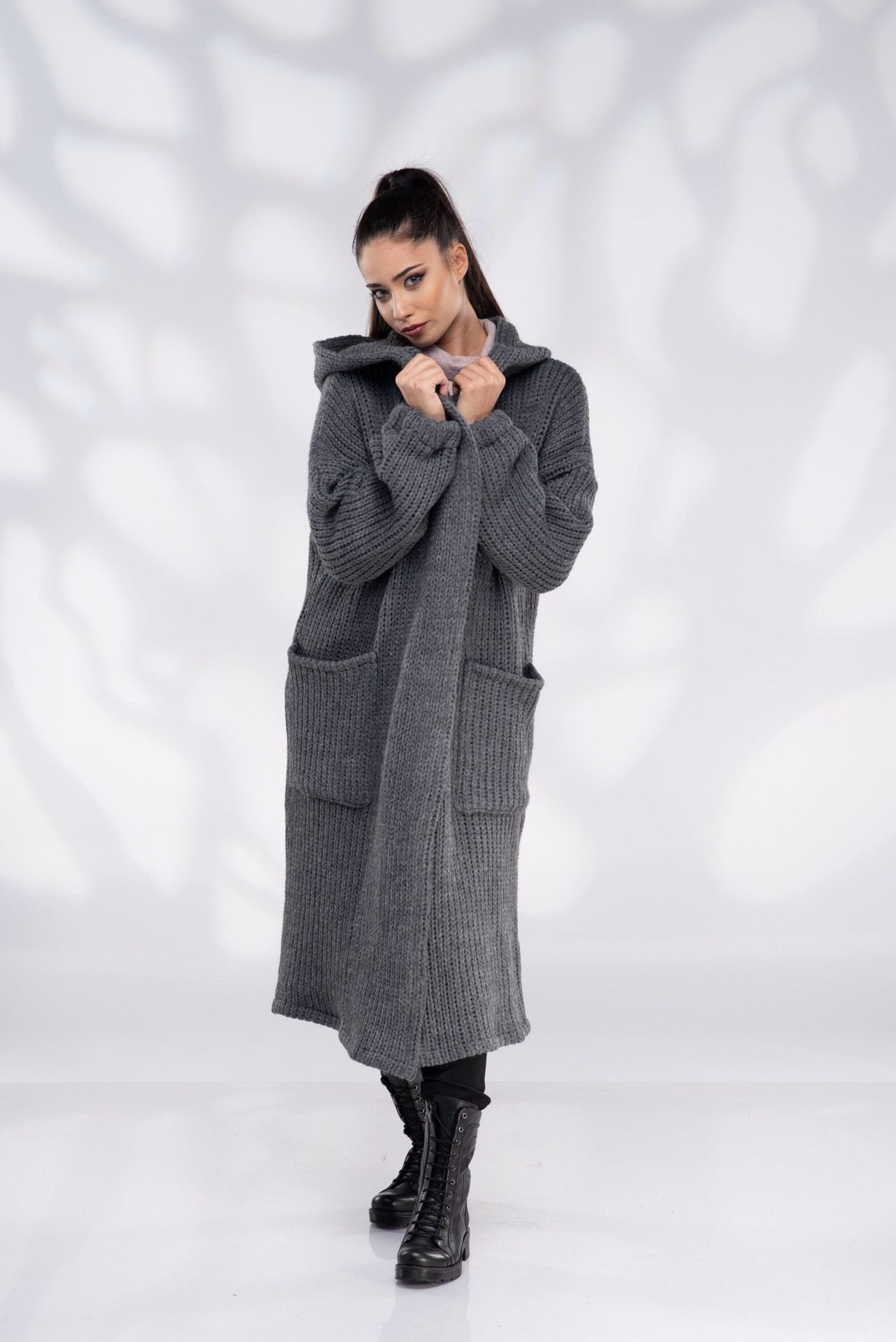 Knit Wool Sweater Coat Long Hooded Cardigan