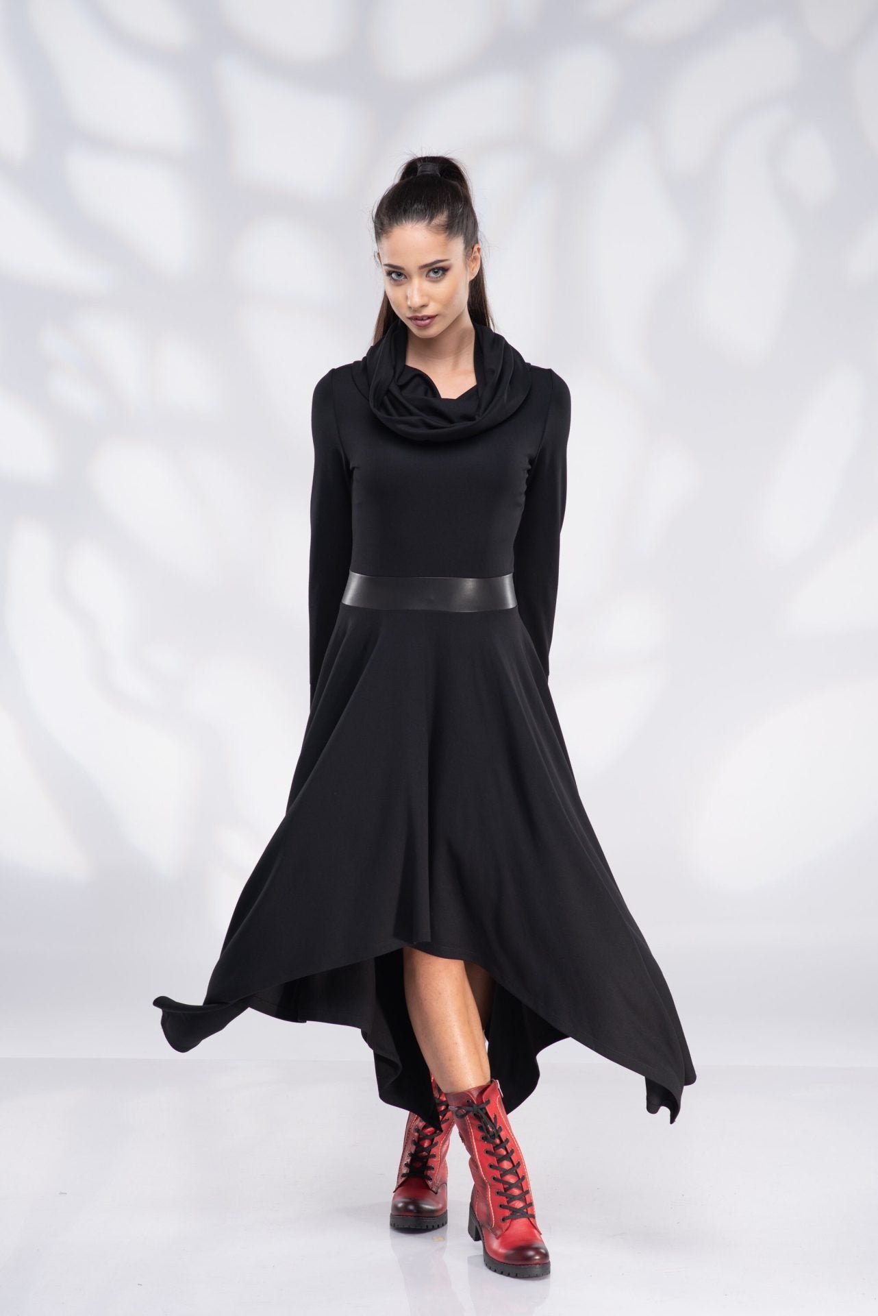 Black Winter Pixie Wool Dress with Cowl Hood