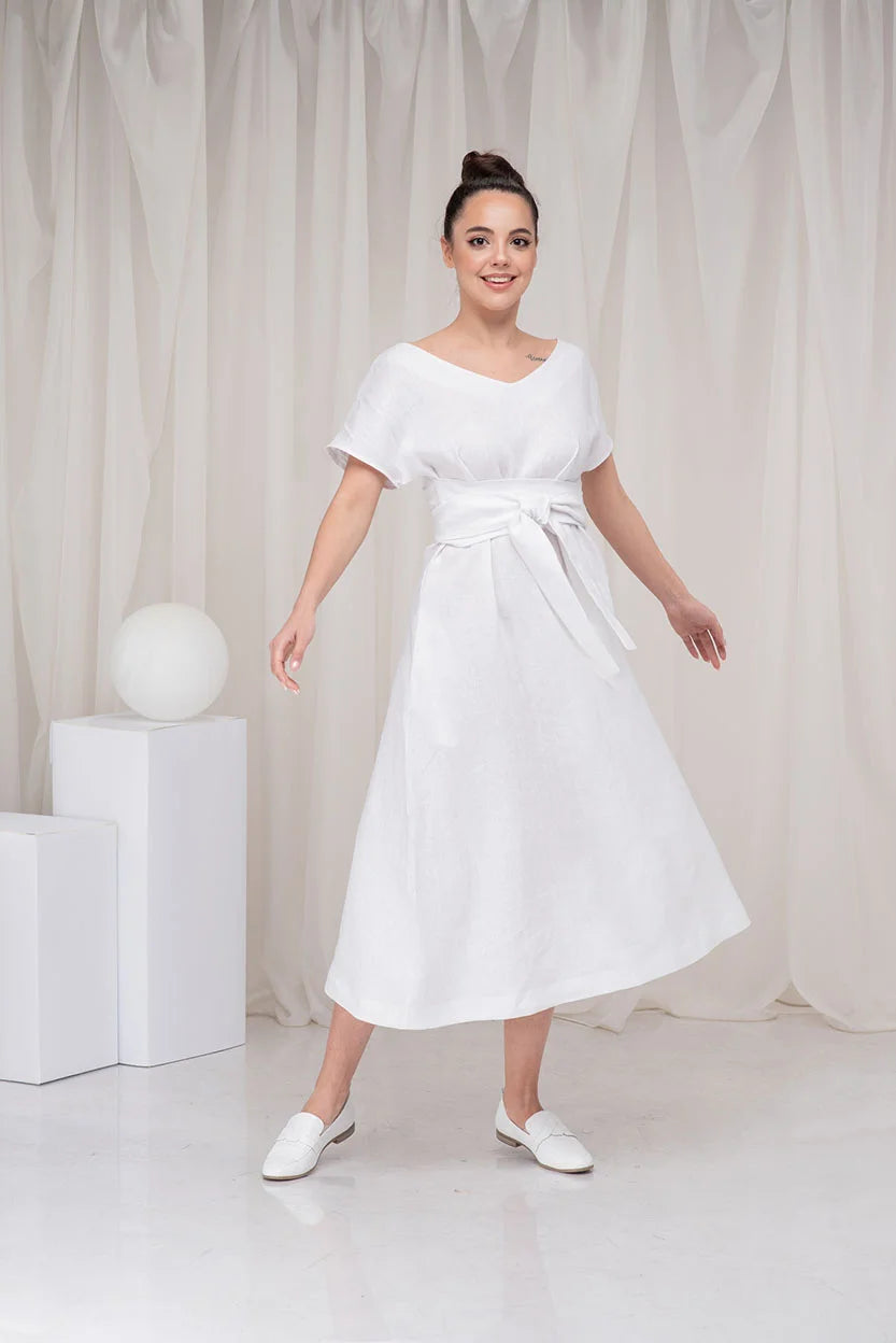 White Linen Midi Summer Wedding Guest Dress with Linen Belt