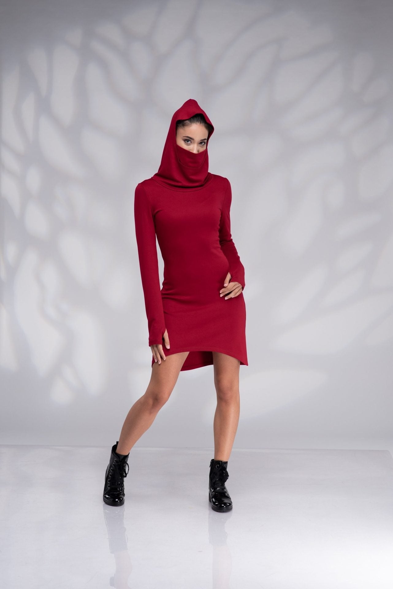 Hooded Asymmetrical Burgundy Mini Dress with Cowl Hood