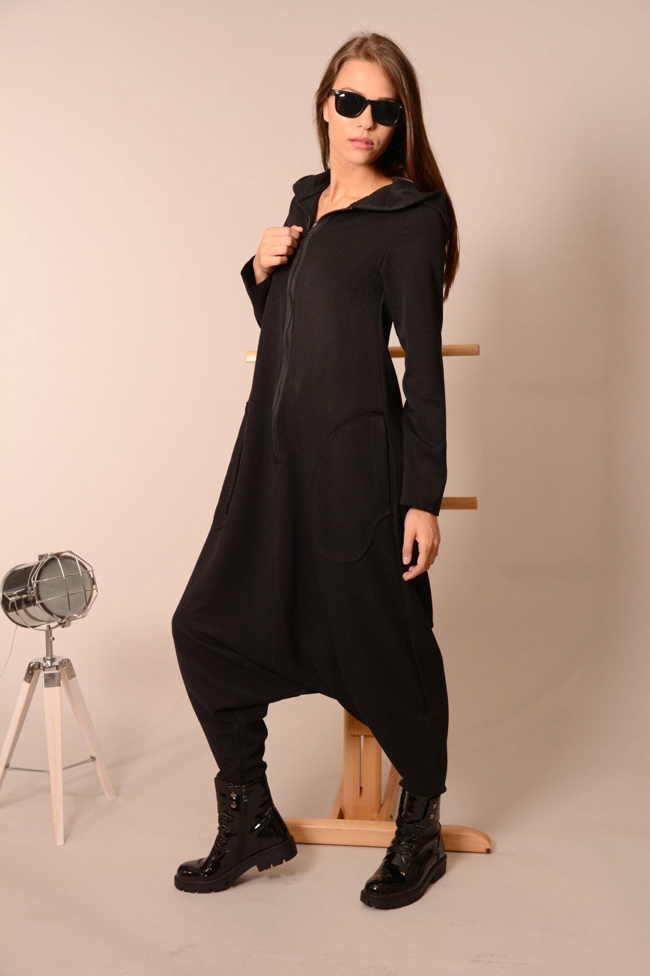 Black Plus Size Harem Hooded Maxi Romper