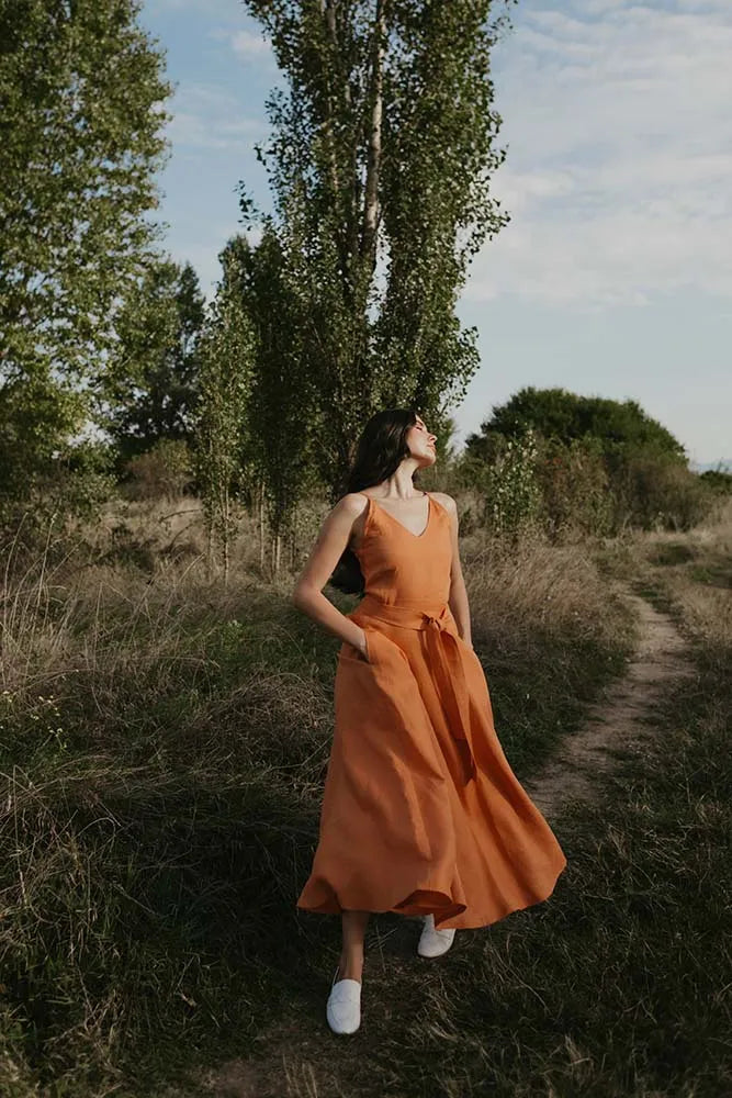 Rust Orange Spaghetti Strap Linen Maxi Dress with Tie Waist