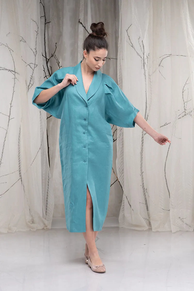 Linen Front Button Boho Dress with Shawl Collar
