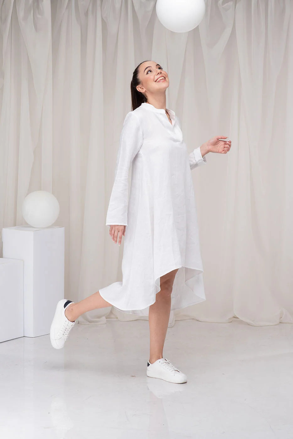 White Loose Flax Linen High Low Dress-Danellys-3.webp