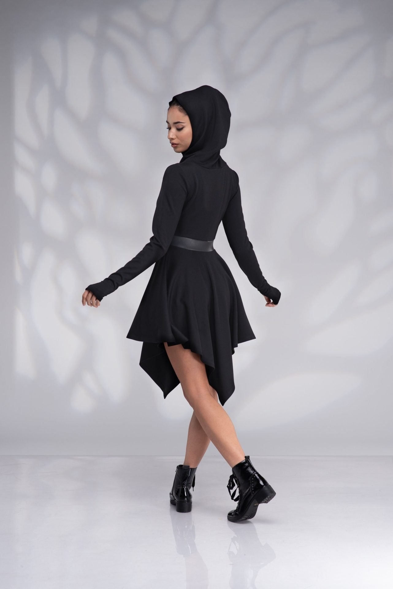 Hooded Winter Elven Mini Dress with Thumb Holes
