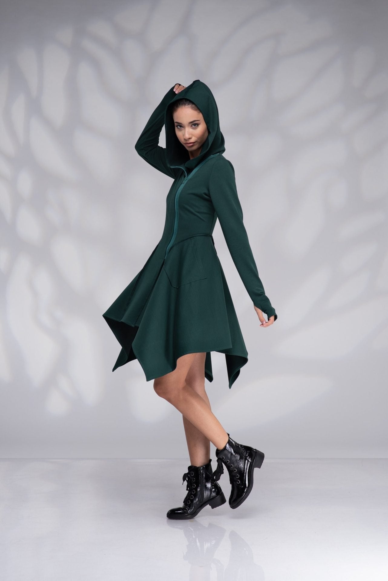 Winter Gothic Asymmetrical Hoodie Dress with Thumb Holes